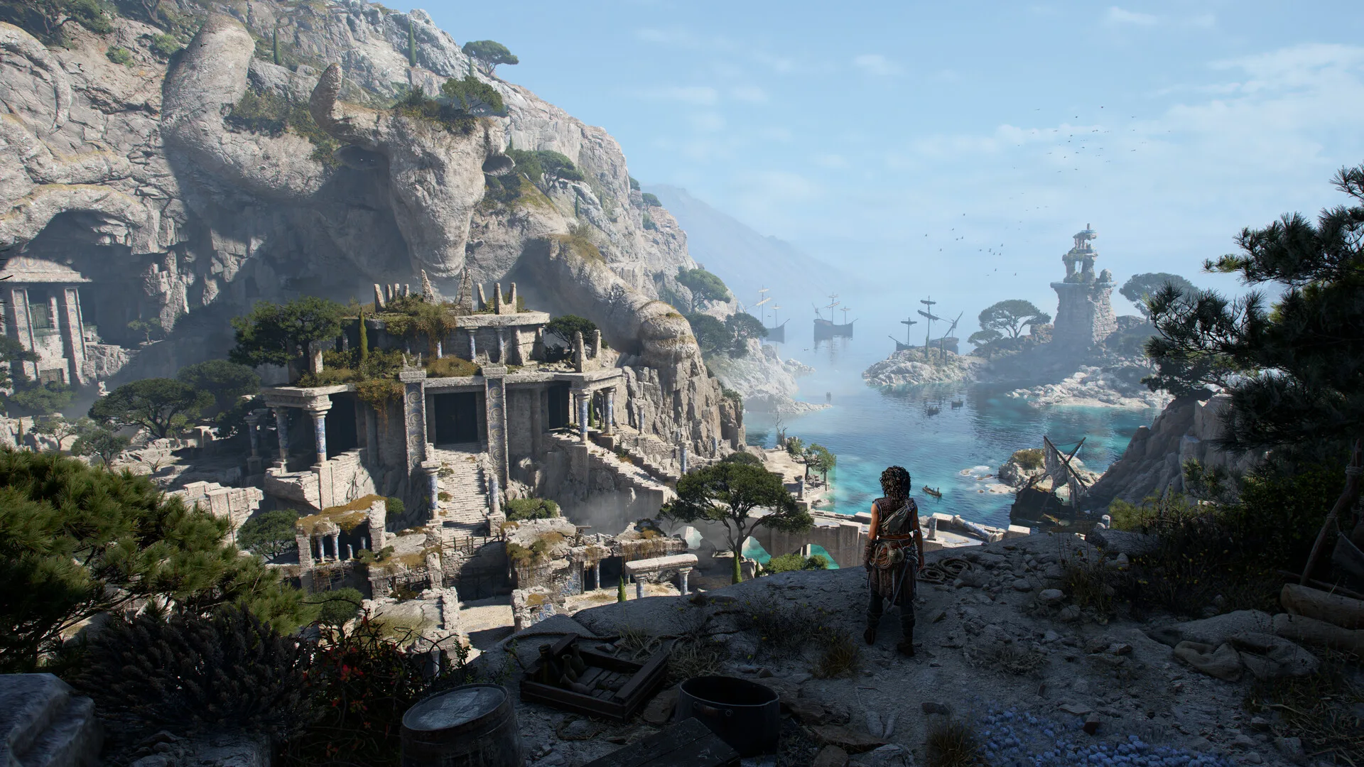 Sophia overlooks the Mediterranean ruins in an official Resonance screenshot